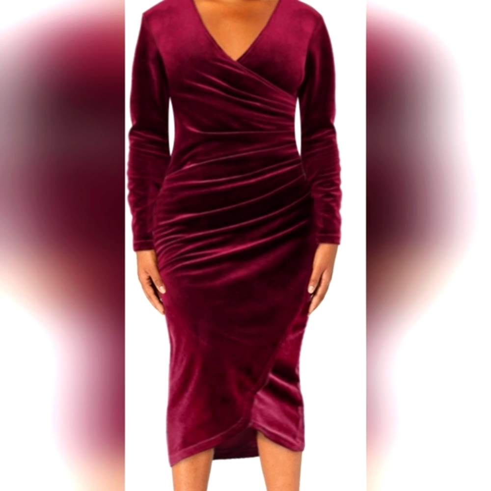 Women's (DIRASS) Elegant Velvet Long Sleeve Dress (COLOR: BURGUNDY/ WINE)